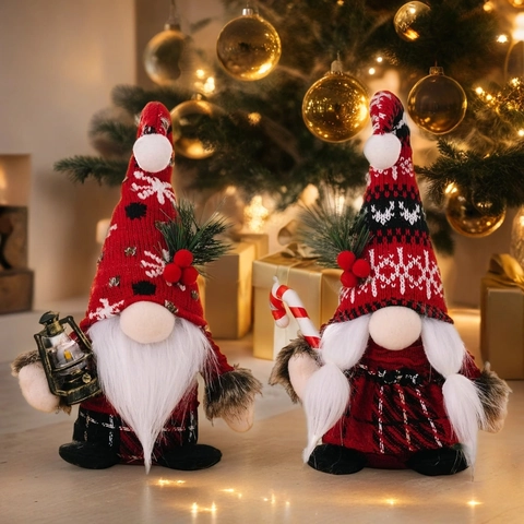 Decorazioni Natalizie in Peluche Gnomo Fatto a Mano Con Motivo a Fiocchi di Neve Bambola Nano Tomte Svedese a Quadri Rosso Nero