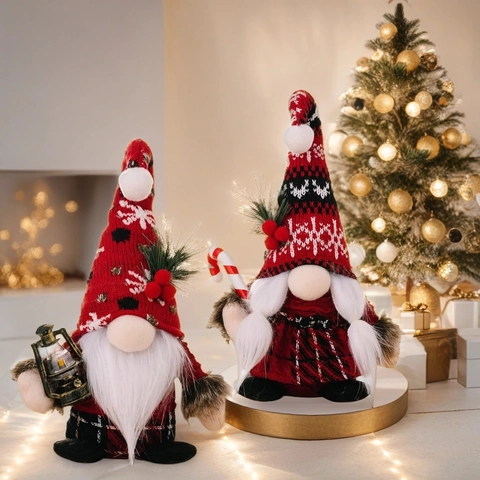 Decorazioni Natalizie in Peluche Gnomo Fatto a Mano Con Motivo a Fiocchi di Neve Bambola Nano Tomte Svedese a Quadri Rosso Nero