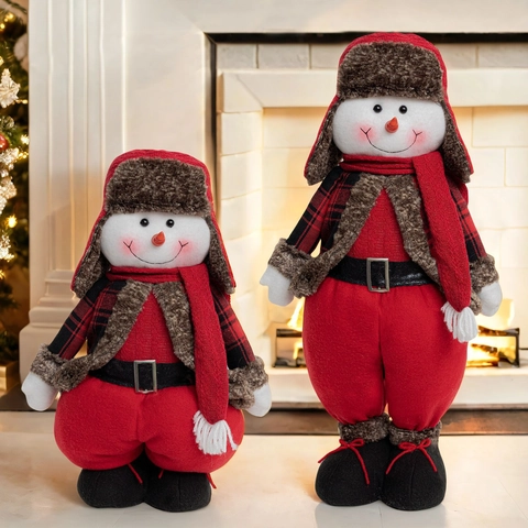 Décoration De Noël Bonhomme De Neige En Peluche Jambes Extensibles Tissu Écossais Rouge Noir Fausse Fourrure