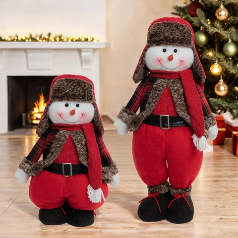 Décoration De Noël Bonhomme De Neige En Peluche Jambes Extensibles Tissu Écossais Rouge Noir Fausse Fourrure
