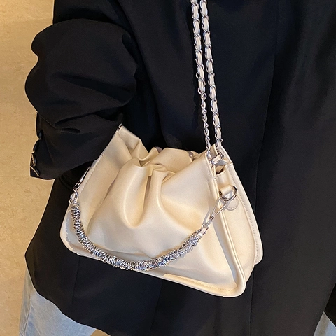 Damen Plissiert Wolke Umhängetasche PU Leder Unterarm Knödeltasche Silber Metallkette Schultertasche Minimalistische Pouch Bag