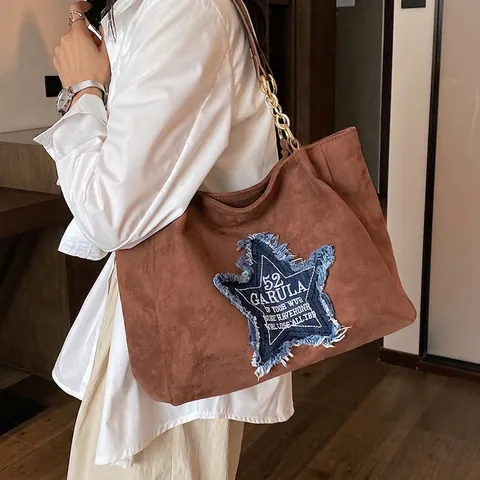 Borsa Tote in Scamosciato di Grande Capacità Vintage Per Donna Patchwork di Jeans a Stella Catena in Metallo Borsa a Spalla Handbag Versatile