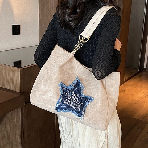 Borsa Tote in Scamosciato di Grande Capacità Vintage Per Donna Patchwork di Jeans a Stella Catena in Metallo Borsa a Spalla Handbag Versatile