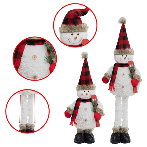 Christmas Red Black Plaid Snowman Doll With Retractable Legs Telescopic Standing Snowman Figurine For Home Holiday Party Decor