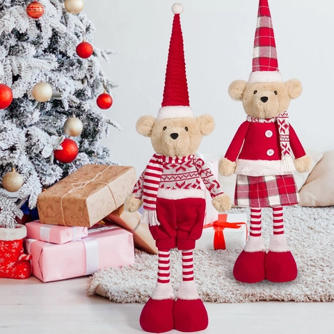 Christmas Long Legged Plush Teddy Bear Doll Knitted Fabric Soft Ornament Desktop Festive Nordic Red White Decoration