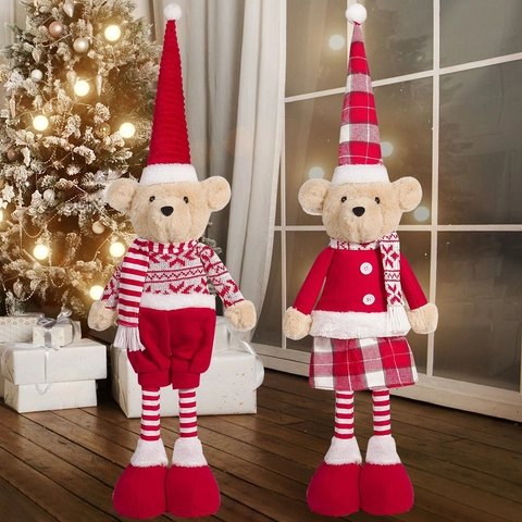 Christmas Long Legged Plush Teddy Bear Doll Knitted Fabric Soft Ornament Desktop Festive Nordic Red White Decoration