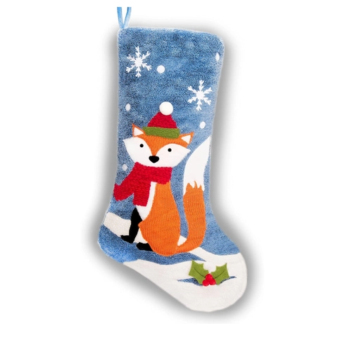Blau Plüsch Fuchs Weihnachtsstrumpf Mit Schal Schneeflocke Stickerei Hängen Xmas Socke Für Kamin Feiertag Haus Party Deko