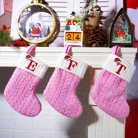 Personalized Pink Knitted Christmas Stocking With Red Embroidered Alphabet Letter Christmas Hat Pattern Hanging Ornaments