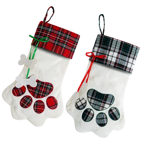 Calcetín de Navidad con Huella de Pata Sherpa Cuadros Adorno Colgante para Chimenea Fiesta Decoración Hogar Bolsa Regalo