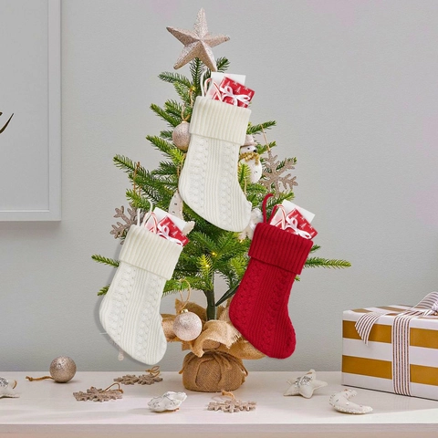Mini Knitted Christmas Stockings Cable Knit Xmas Tree Hanging Decoration Candy Gift Bag Tableware Silverware Holder For Party