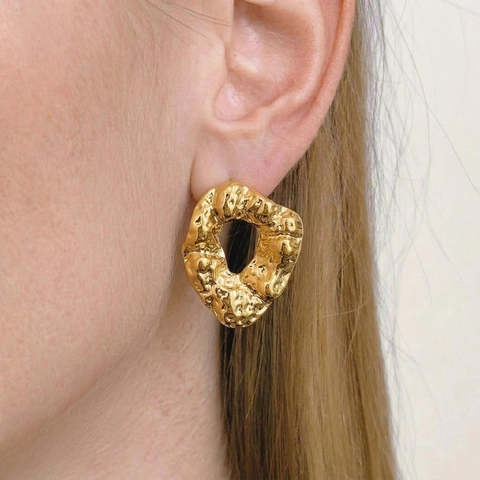 Irregular Round Stud Earrings 304 Stainless Steel 18K Gold Plated Textured Hammered Retro INS Style For Women