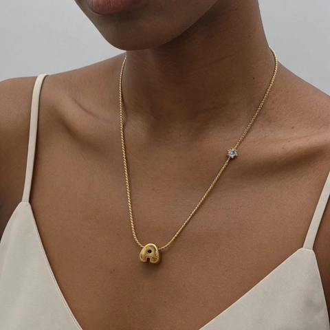 Collana Con Pendente Lettera A Bolla Per Donna Acciaio Inossidabile Placcato Oro 18K Con Zircone Singolo Gioielli