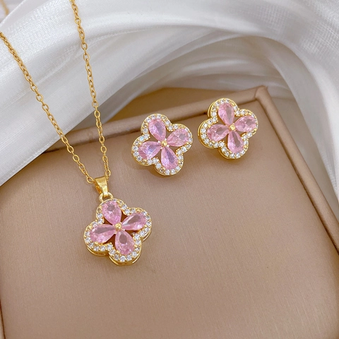 Rosa Zirkon Blumen Halskette Und Ohrstecker Kupfer Vergoldet Mit Silver Earring Post Elegant Bankett Für Damen
