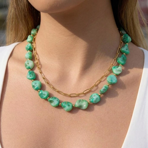 Collar Y Pulsera Piedra Verde Irregular Acero Inoxidable Chapado Oro Impermeable Moda Mujeres