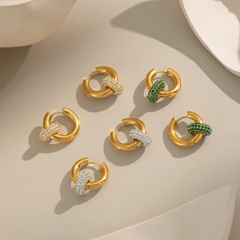 Pendientes de Aro Retro Francés de Acero Inoxidable Con Diamantes de Imitación Desmontables Chapado en Oro 18K Mujer
