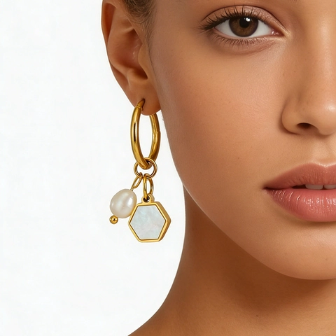 Elegant French Style Hoop Earrings 18K Gold Plated Stainless Steel With Artificial Pearl And Hexagonal Mother Of Artificial Pearl Charms