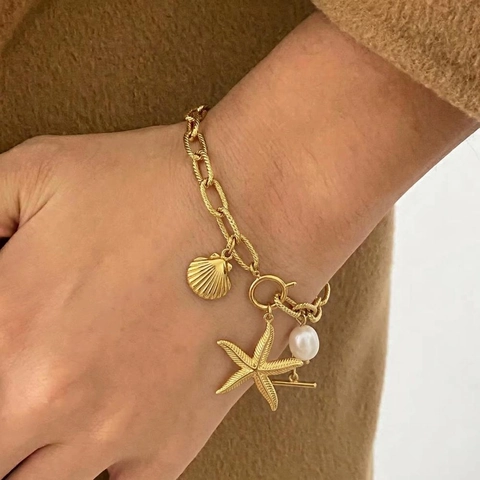Pulsera Estrella De Mar Concha Perla Artificial Acero Inoxidable Impermeable Hipoalergénico Estilo Océano Joyas Para Mujer