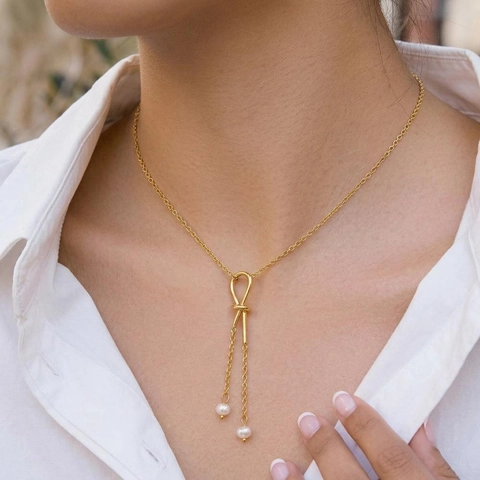 Collier Pendentif Nœud Pompon Plaqué Or 18K Acier Inoxydable 304 Perle D'eau Douce Imperméable Hypoallergénique Bijoux