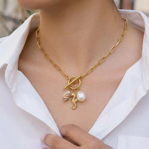 Stainless Steel Necklace And Bracelet For Women 18K Gold Plated With Artificial Baroque Pearl Seahorse Seashell Pendants Waterproof