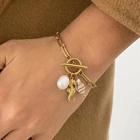Stainless Steel Necklace And Bracelet For Women 18K Gold Plated With Artificial Baroque Pearl Seahorse Seashell Pendants Waterproof