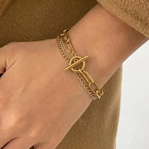 Double Layer Bracelet Stainless Steel Paperclip And Round Link Chain Toggle Clasp 18K Gold Plated Luxury Fashion Women