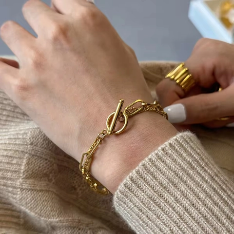 Double Layer Bracelet Stainless Steel Paperclip And Round Link Chain Toggle Clasp 18K Gold Plated Luxury Fashion Women