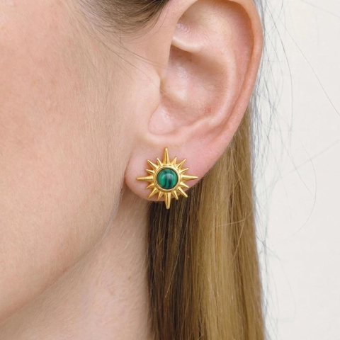 Vintage Sunburst Stud Earrings 304 Stainless Steel Gold Plated With Malachite Stone Hypoallergenic Retro Jewelry For Women
