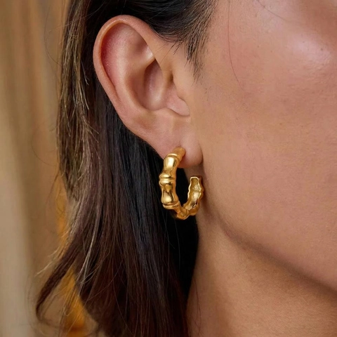 Bamboo Texture C Shaped Hoop Earrings 304 Stainless Steel 18K Gold Plated Geometric Jewelry For Women