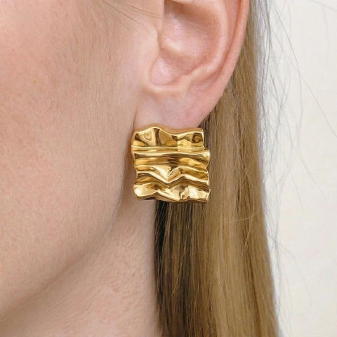 Geometric Wave Stud Earrings For Women Stainless Steel Gold Plated Pleated Square Retro Vintage Hypoallergenic
