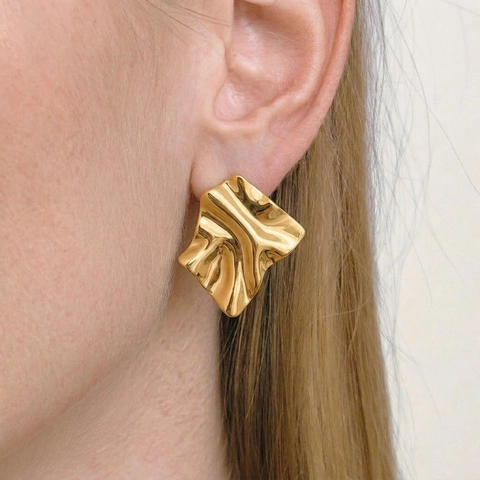 Pendientes De Botón Cuadrados Con Textura Geométrica Acero Inoxidable Chapado En Oro 18K Impermeable Minimalista