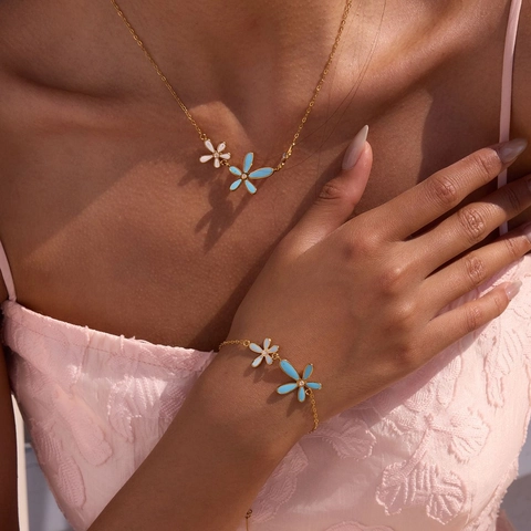 Daisy Flower Necklace Bracelet Earrings Stainless Steel 18K Gold Plated Enamel Zircon Inlaid Floral Jewelry For Women