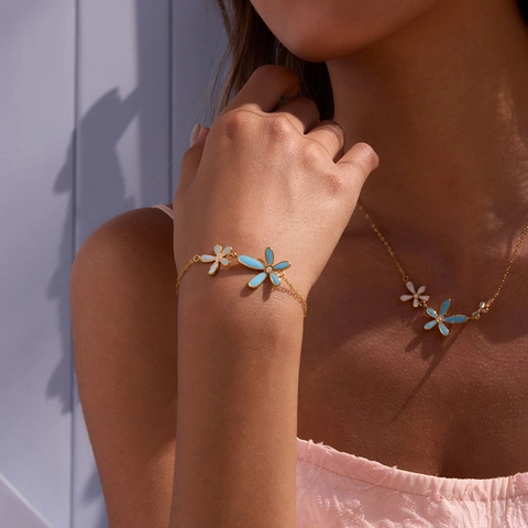 Daisy Flower Necklace Bracelet Earrings Stainless Steel 18K Gold Plated Enamel Zircon Inlaid Floral Jewelry For Women