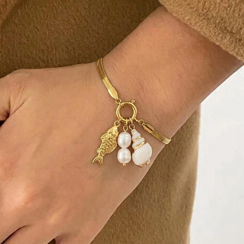 Bracciale Charm Oceano Placcato Oro 18K Acciaio Inossidabile Catena Serpente Con Perla Artificial Conchiglia Pesce Gioielli Vacanza Donna
