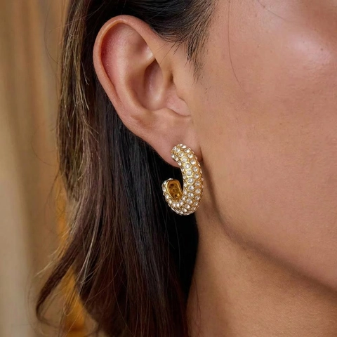 C-Vorm Hoop Oorbellen 304 Roestvrij Staal 18K Verguld Met Steentjes Ingelegd Geometrische Luxe Sieraden Voor Dames