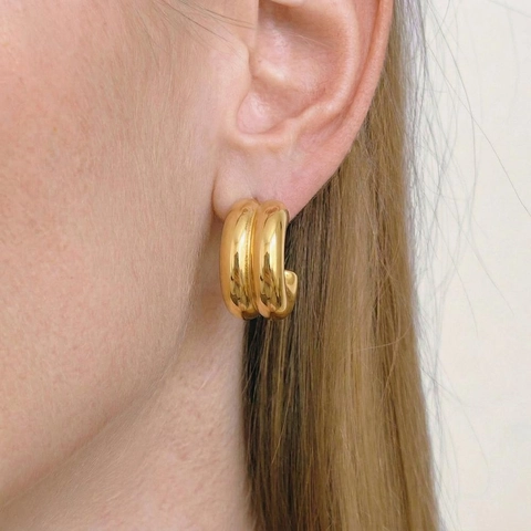 Chunky C-Shape Hoop Earrings Layered Ridged Stainless Steel 18K Gold Plated Waterproof Hypoallergenic Jewelry For Women
