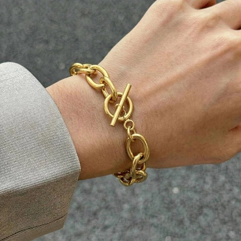 Pulsera De Cadena De Acero Inoxidable Chapada En Oro 18K Minimalista Cierre De Barra Eslabones Gruesos Joyería Para Mujeres Hombres