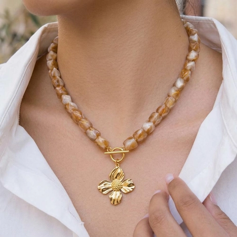 Ensemble De Bijoux Collier Et Bracelet En Perles De Résine Dégradé Brun Fleur En Acier Inoxydable Étanche Pour Femmes
