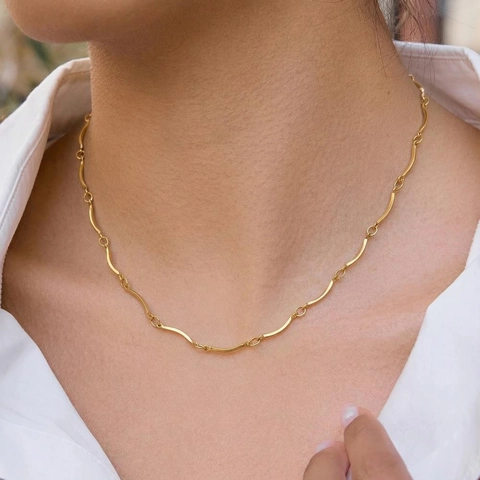 Minimalistische 18K Vergoldete Edelstahl Halskette Und Armband Geometrische Gebogene Bar Wellenglied Wasserdichter Schmuck