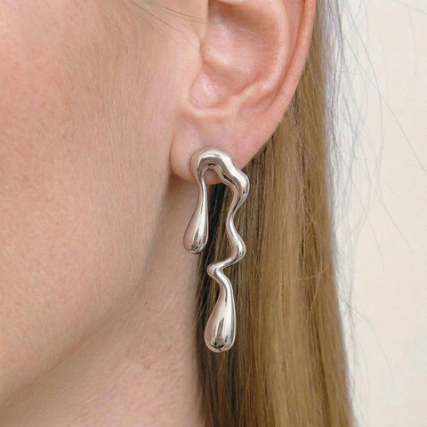 Irregular Liquid Lava Wave Stud Earrings Stainless Steel Water Drop Minimalist Modern Niche Style For Women