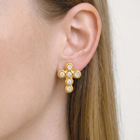 Collana E Orecchini A Croce Per Donna Placcati Oro 18K Acciaio Inossidabile Zirconi Gioielli Religiosi Retro Moda