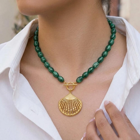Collana E Bracciale In Perle Di Resina Verde Scuro Vintage Con Ciondolo A Conchiglia Dorata Acciaio Inossidabile Donna