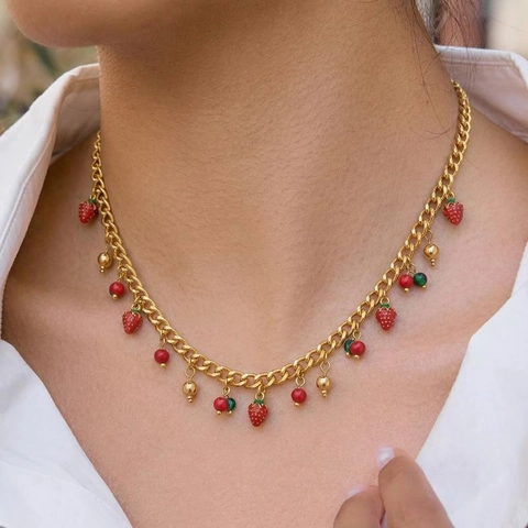 Collana E Bracciale In Acciaio Inossidabile Placcato Oro 18K Carino Fragola In Smalto Rosso Perline Colorate Stile Vacanza Per Donna