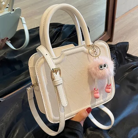 Women Vintage PU Leather Quilted Crossbody Bag Fashion Square Handbag With Cute Plush Monster Pendant For Party Daily Travel