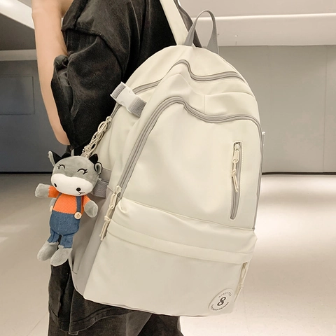 Large Capacity Simple Nylon Backpack For Women Urban Casual Schoolbag With Animal Pendant Versatile Travel Bag
