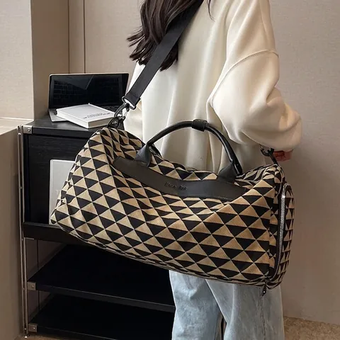 Geometric Triangle Print Canvas Travel Bag Women Large Capacity Handbag With Shoulder Strap Weekend Gym Duffel Bag Tote