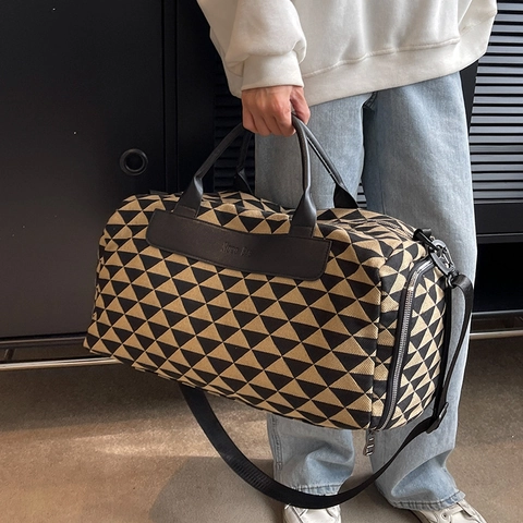 Geometric Triangle Print Canvas Travel Bag Women Large Capacity Handbag With Shoulder Strap Weekend Gym Duffel Bag Tote