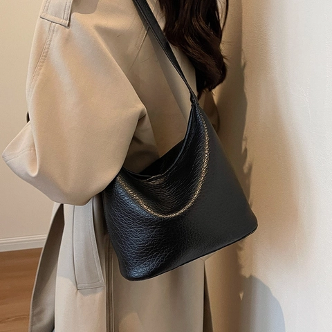 Damen Vintage Litschi-Maserung PU Leder Hobo Tasche Große Kapazität Minimalistisch Schulter Crossbody Eimertasche Täglich Büro Tote Bag
