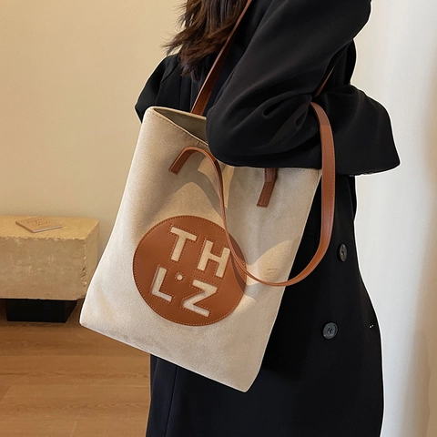Vintage Suede-Look PU Leather Large Capacity Tote Bag For Women Retro Casual Minimalist Shoulder Bag Solid Color Commuter Handbag