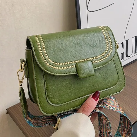 Women Vintage PU Leather Small Square Crossbody Bag With Bohemian Wide Strap Rivet Decor Fashion Shoulder Bag Satchel