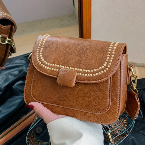 Women Vintage PU Leather Small Square Crossbody Bag With Bohemian Wide Strap Rivet Decor Fashion Shoulder Bag Satchel